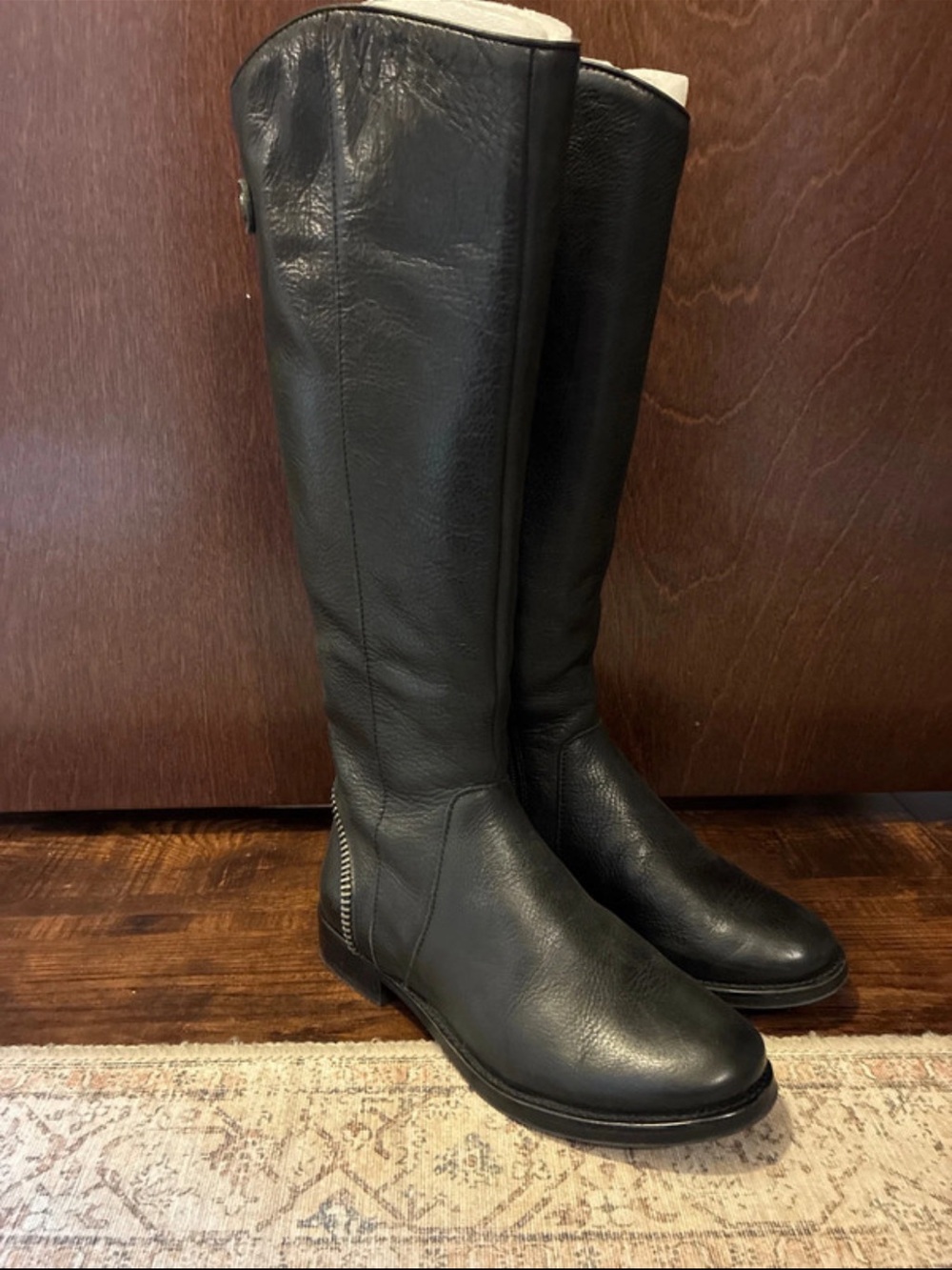 Arturo Chiang Black Tall Leather Riding Boots with Back Zip Detail